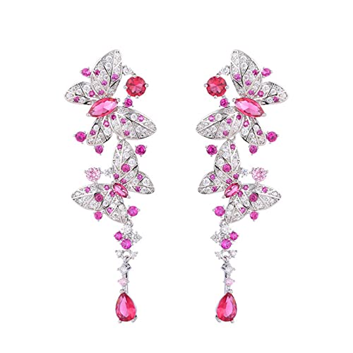 JZWCHQ Ohrringe für Frauen, Zirkons glänzende rosa rote kubische Zirkon Lange Dangle Butterfly Ohrringe Frauen Party Hochzeitsschmuckzubehör Verschenke von JZWCHQ