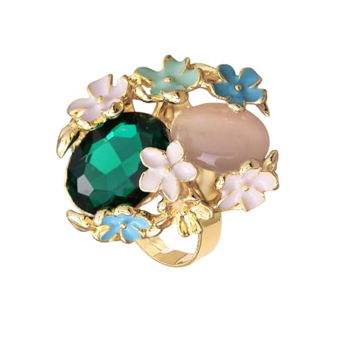 JZWCHQ Oval Round Daisy Flower Statement Ring für Frauen vergoldete vintage rosa grüne Stein Buntes Emaille Hochzeit verstellbar Open Wrap Finger Ringe Komfort Fit Eleganter Schmuck von JZWCHQ