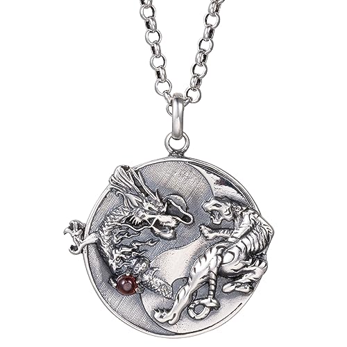 JZWCHQ Vintage Dragon Tiger Halskette 925 Sterling Silber Yin Yang Anhänger Halskette Feng Shui Schmuck für Männer Frauen 60 cm Kette von JZWCHQ