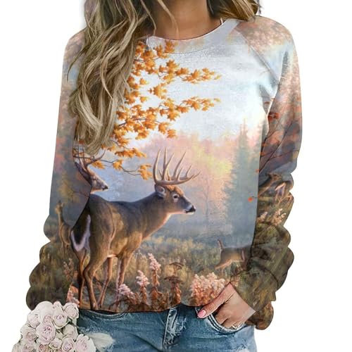 JZemdybill Casual Damen Pullover, Jagd Hirsch Familie Sweatshirts für Frauen, Rundhalsausschnitt Langarm Top, Jagd, Hirschfamilie, XL von JZemdybill