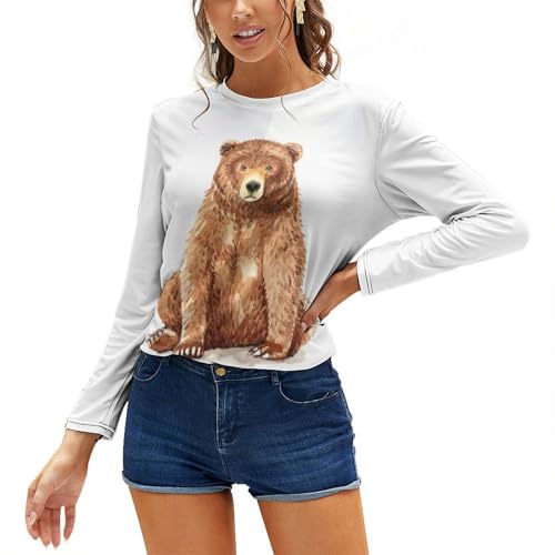 JZemdybill Damen Oberteil Braun Bär Langarm T-Shirt Casual Langarm Rundhals Top, siehe abbildung, S von JZemdybill