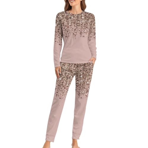 JZemdybill Damen-Pyjama-Set mit Rundhalsausschnitt, rosafarbenes Roségold, Glitzer-Pyjama für Damen, Schlafanzug mit Taschen, Blush Pink Rose Gold Glitter, L von JZemdybill