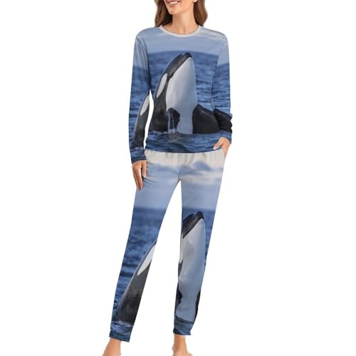 JZemdybill Damen Rundhals Pyjama Set Killer Whales Orca Pyjama für Frauen Damen Pyjama mit Taschen, Killerwale Orca, XS von JZemdybill