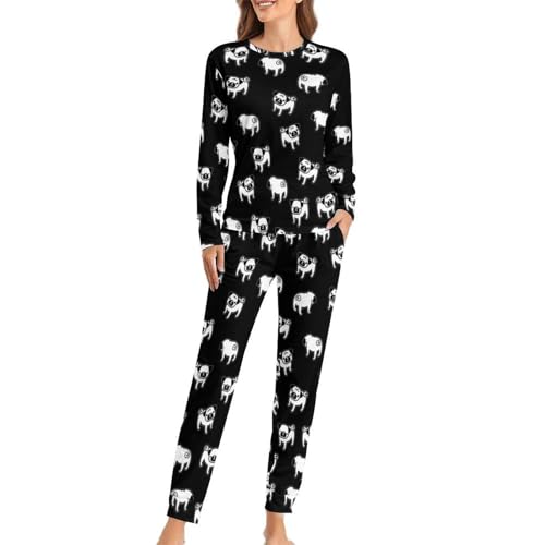 JZemdybill Damen Schlafanzug mit Rundhalsausschnitt, Mops-Hunde-Pyjama für Damen, Damen-Pyjama mit Taschen, Mops, 3XL von JZemdybill