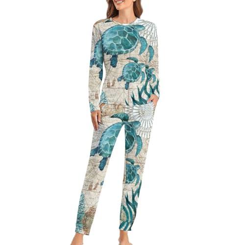 JZemdybill Damen Schlafanzug mit Rundhalsausschnitt, cooler Schildkröten-Pyjama für Damen, Damen-Pyjama mit Taschen, Coole Schildkröte, M von JZemdybill