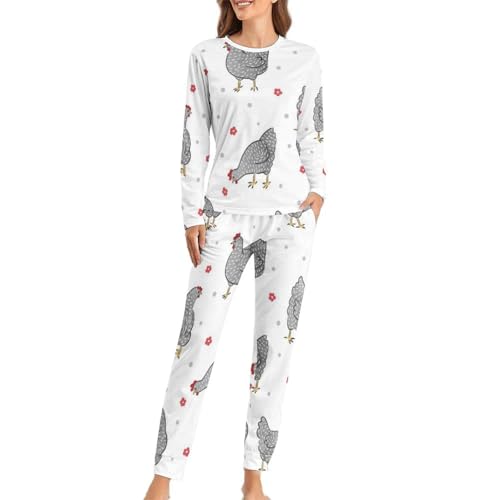 JZemdybill Damen Schlafanzug mit Rundhalsausschnitt, niedlicher Huhn-Pyjama für Damen, Damen-Pyjama mit Taschen, Süßes Huhn, XL von JZemdybill