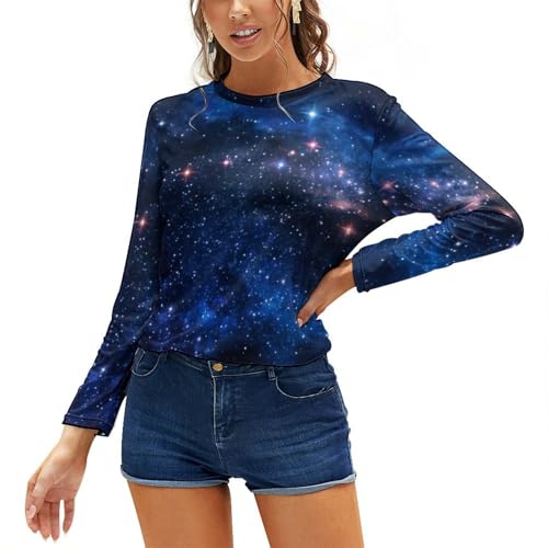 JZemdybill Damen Top Aurora Sternenhimmel Weltraum Sternenhimmel Langarm T-Shirt Casual Langarm Rundhals Top, siehe abbildung, XXL von JZemdybill