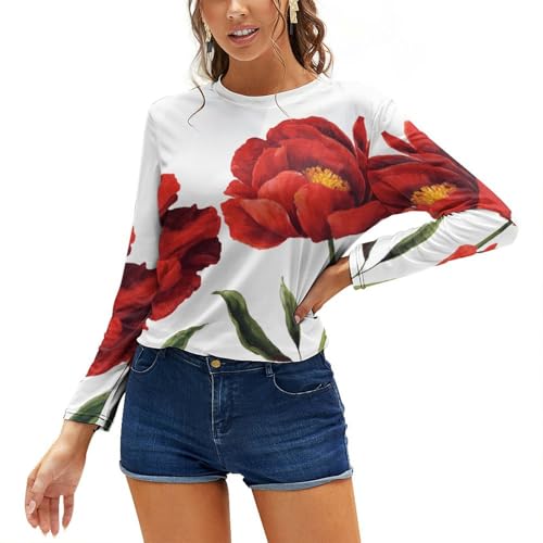 JZemdybill Damen Tops Rot Mohn Blumen Langarm T-Shirt Casual Langarm Rundhals Tops, siehe abbildung, L von JZemdybill