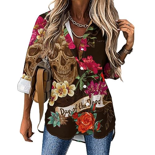 JZemdybill Damenbluse, Blumenmuster, Sugar Skull Day of the Dead Langarmshirt, Button-Down-Shirt für Arbeit, Party, Blumiger Sugar Skull Day of the Dead, Large von JZemdybill