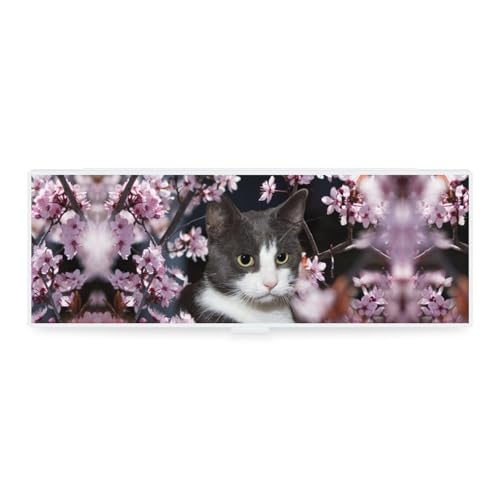 JZemdybill Federmäppchen, Katzen- und Kirschblüten, kreative einfache Schreibwaren-Box, 19,5 x 6,8 x 3 cm, Stil:, Einheitsgröße, Federmäppchen von JZemdybill