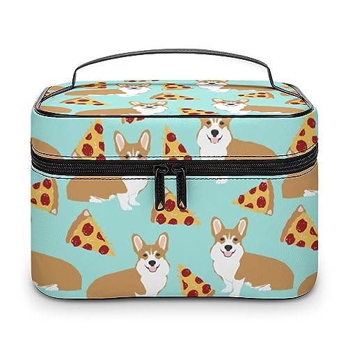 JZemdybill Kosmetiktasche, Corgi und Pizza Make-up Tasche, Leder Reise Kulturbeutel für Damen von JZemdybill