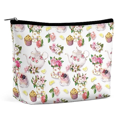 JZemdybill Kosmetiktasche, Kuchen- und Teekannen-Blumen-Make-up-Tasche, tragbare Kulturtasche mit Reißverschluss für den täglichen Gebrauch, Reisen von JZemdybill