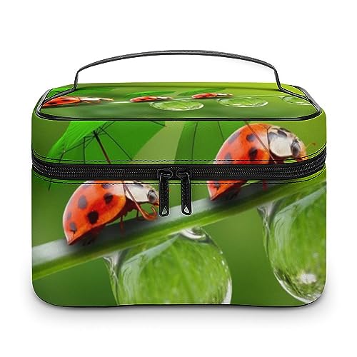 JZemdybill Kosmetiktasche, Mittelfinger, Totenkopf-Make-up-Tasche, Leder, Reise-Kulturbeutel für Damen, Marienkäfer, grüne Landschaft, 25x18x15cm von JZemdybill