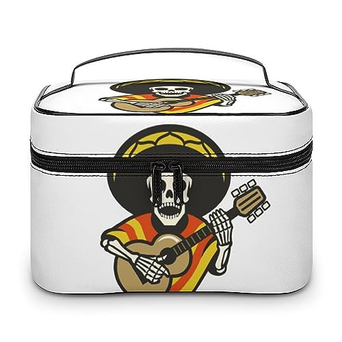 JZemdybill Kosmetiktasche, Mittelfinger, Totenkopf-Make-up-Tasche, Leder, Reise-Kulturbeutel für Damen, Mexikanische Gitarre Totenkopf, 25x18x15cm von JZemdybill