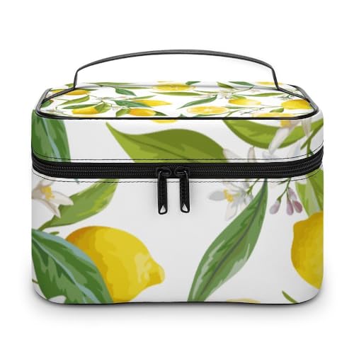 JZemdybill Kosmetiktasche Zitrone mit Blumen und Blättern Make-up-Tasche Leder Reise Kulturbeutel für Frauen von JZemdybill