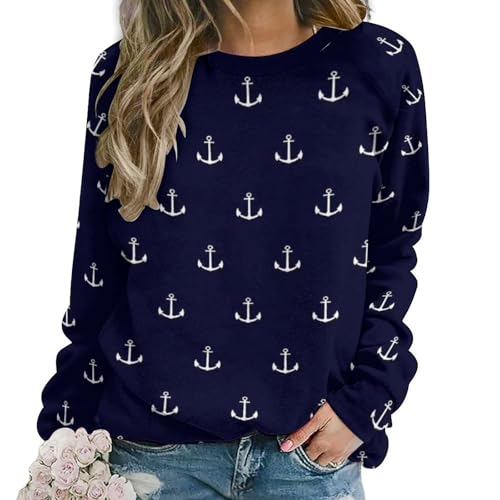 JZemdybill Lässiger Damenpullover, nautisches Thema, einfache Anker, Sweatshirts für Frauen, Rundhalsausschnitt, langärmeliges Oberteil, Einfache Anker mit nautischem Design, XXL von JZemdybill