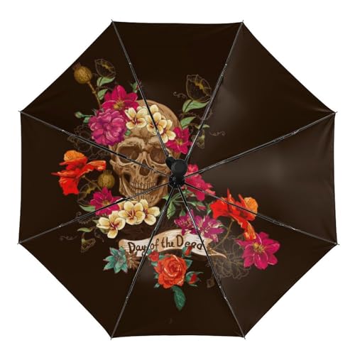 JZemdybill Regenschirm, floraler Sugar Skull Day of the Dead Auto-Regenschirm, automatisches Öffnen, 3-fach gefalteter Regenschirm für Damen und Herren, Blumiger Sugar Skull Day of the Dead, von JZemdybill