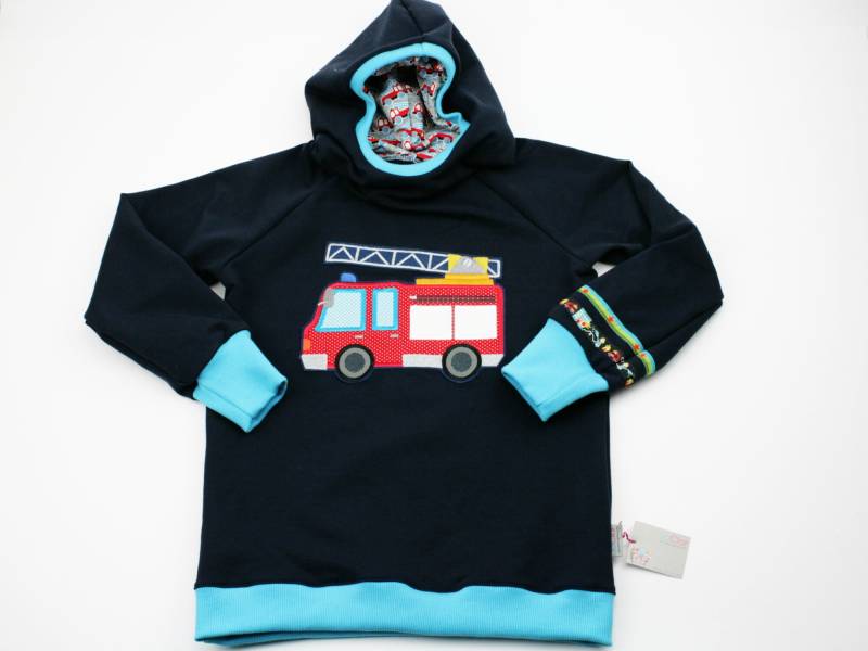 Kapuzenpulli Gr. 98-128 Feuerwehr Dunkelblau/Türkis von JaClarDesign