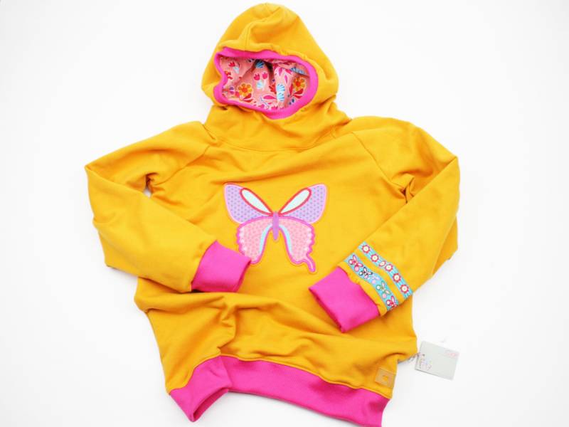 Kapuzenpulli Gr. 98-128 Schmetterling Senfgelb/Pink von JaClarDesign