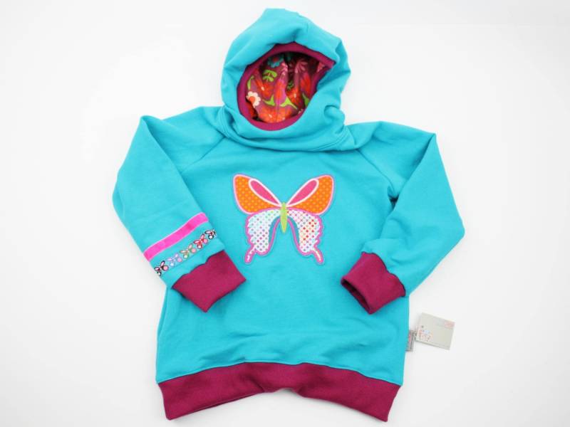Kapuzenpulli Gr. 98-128 Schmetterling Türkis/Beere von JaClarDesign