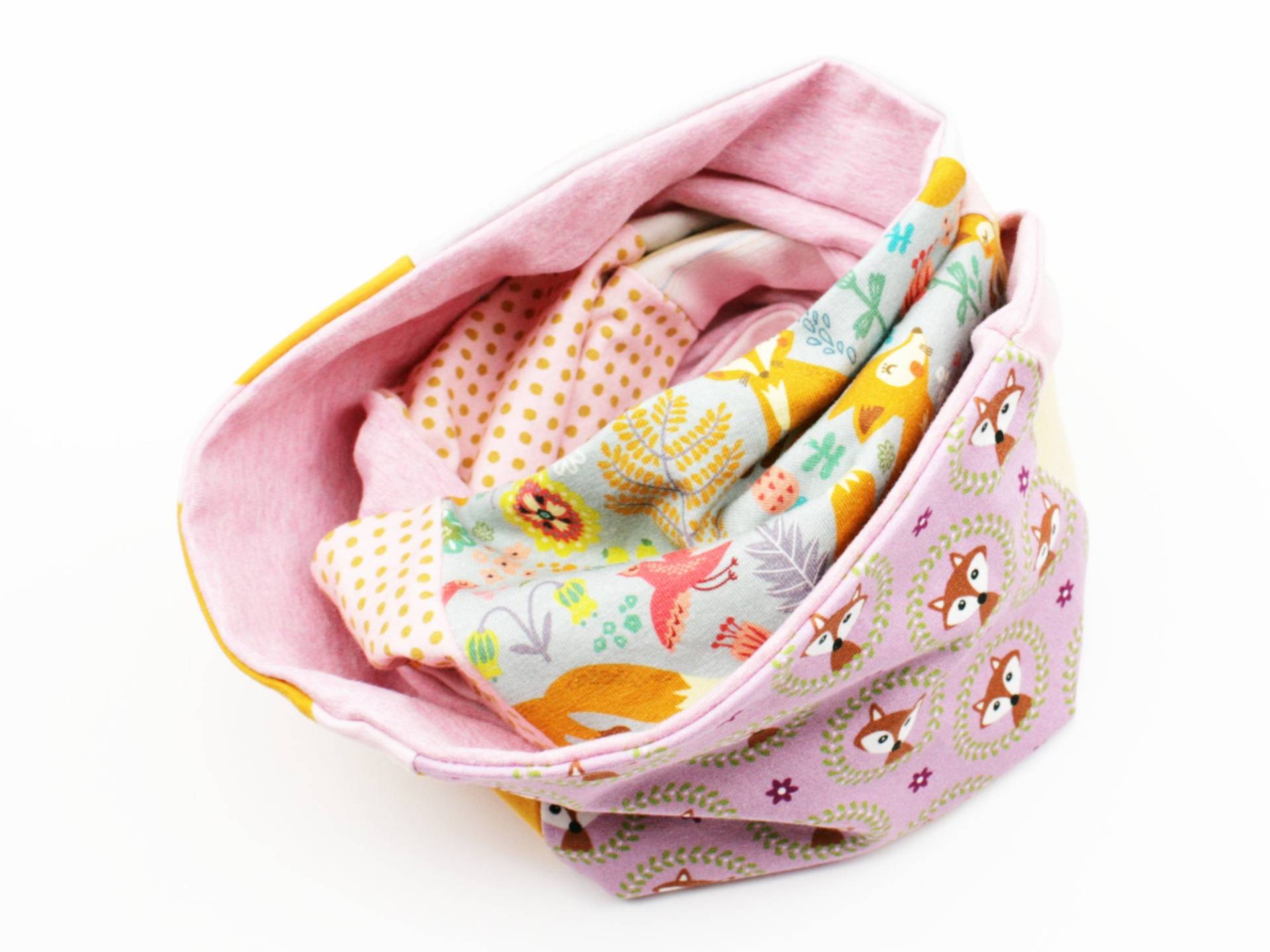 Kinderloop Patchwork Füchse Gelb/Rosa von JaClarDesign