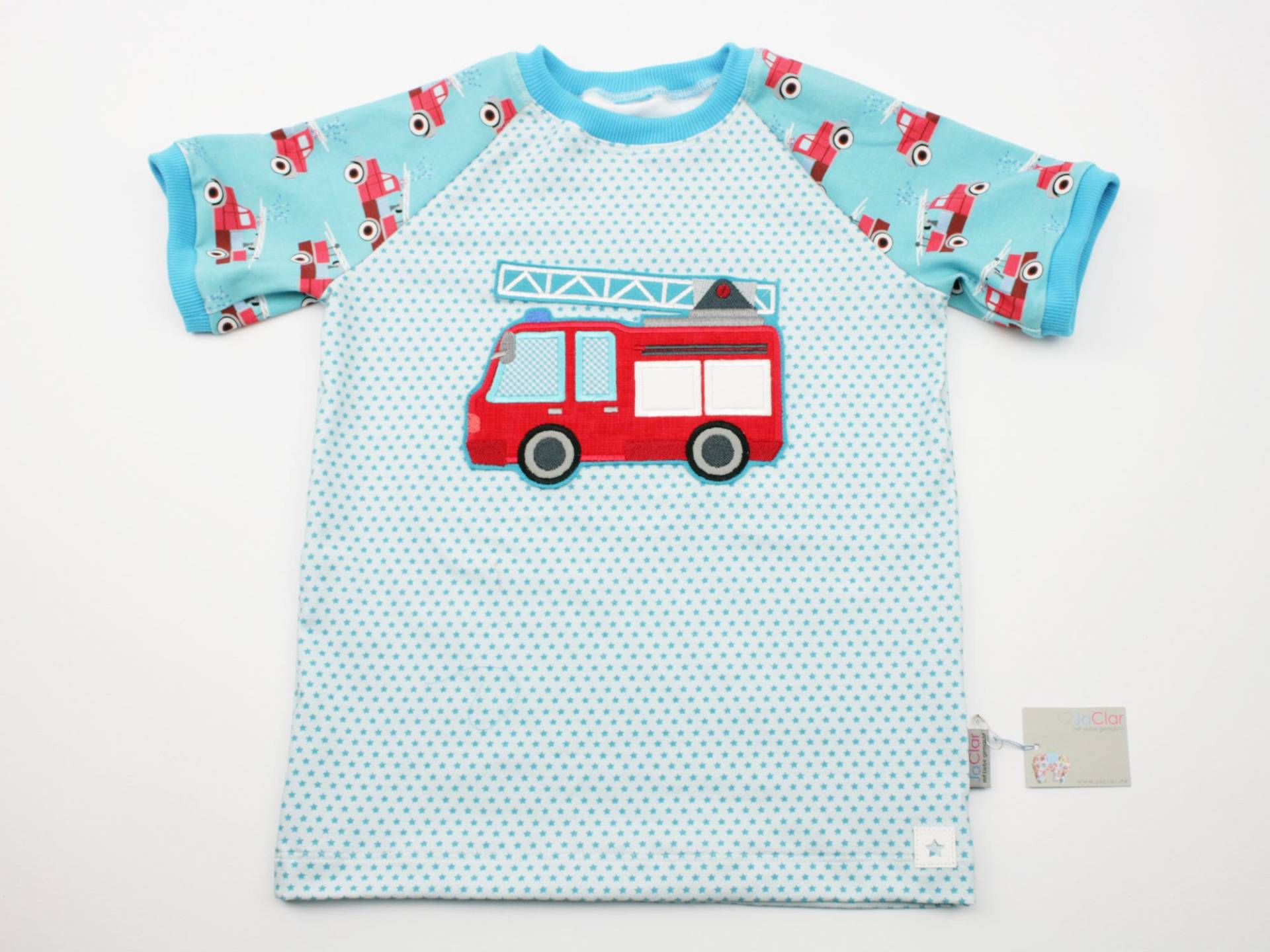 Kurzarmshirt Gr. 80-134 Feuerwehr Türkis/Rot von JaClarDesign