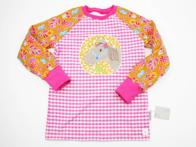 Langarmshirt Gr. 62-128 Pferdchen Pink/Senfgelb von JaClarDesign