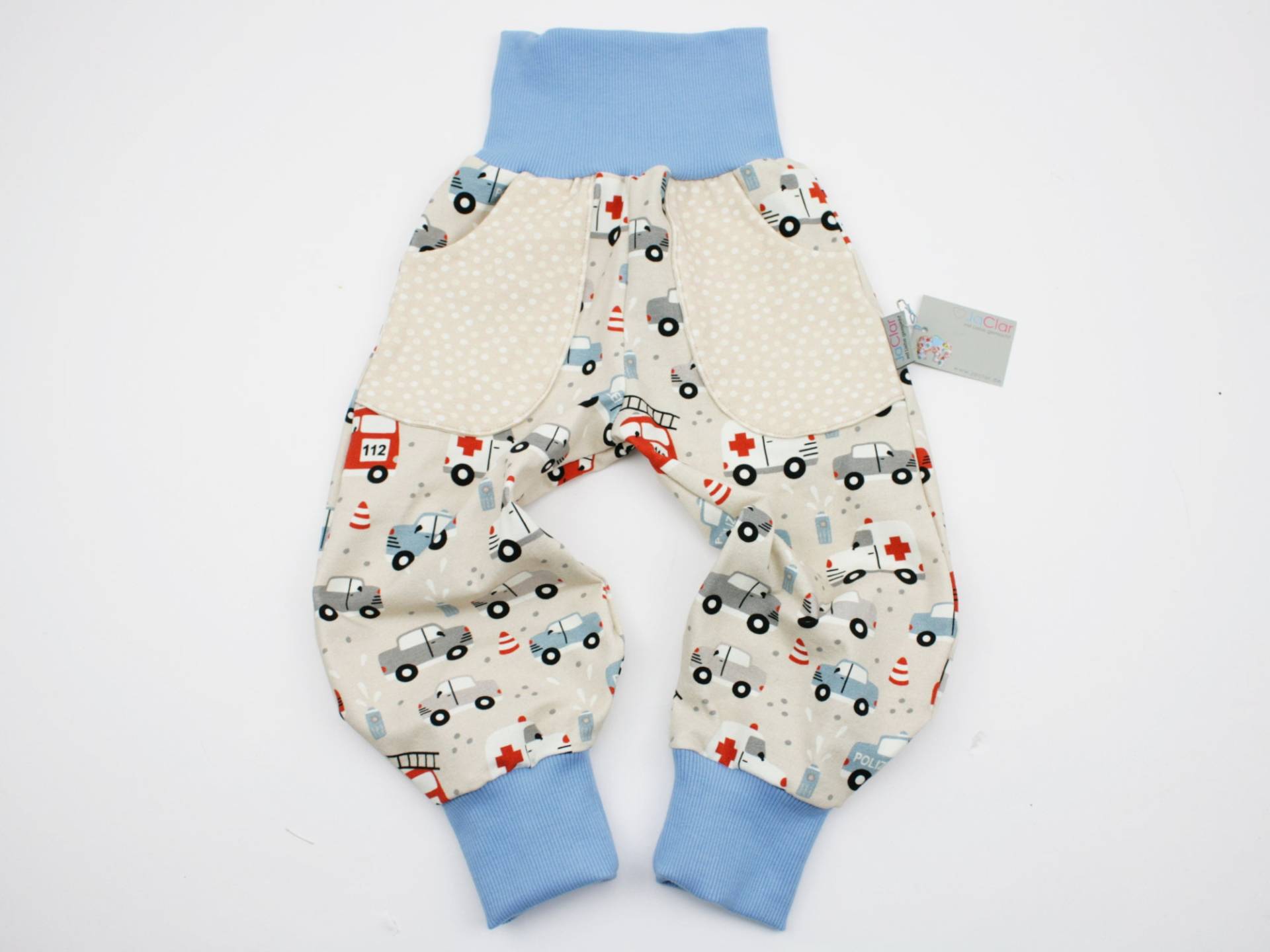 Pumphose Gr. 62-128 Autos Beige/Hellblau von JaClarDesign