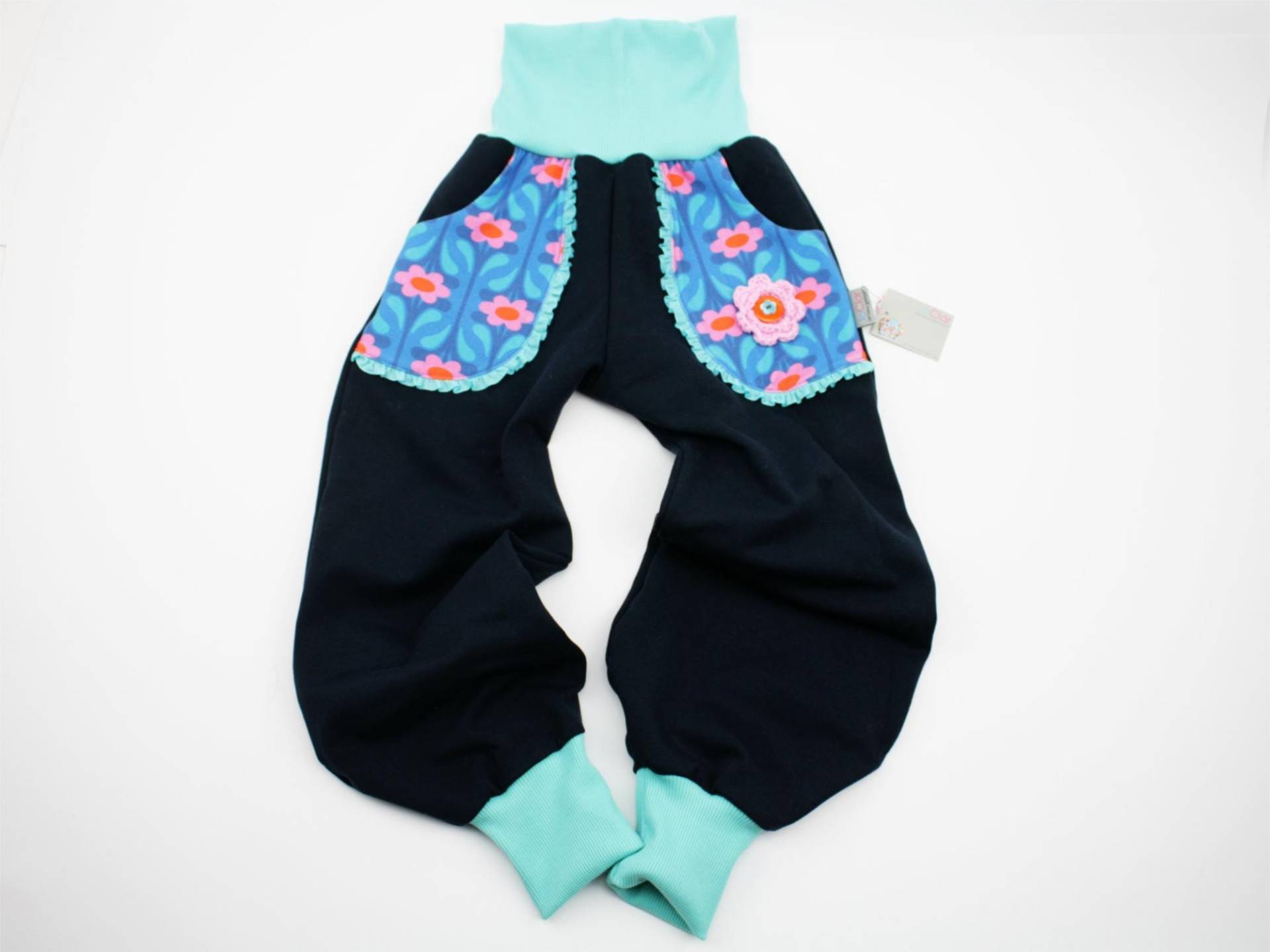 Pumphose Gr. 62-128 Retroblumen Dunkelblau/Mint von JaClarDesign