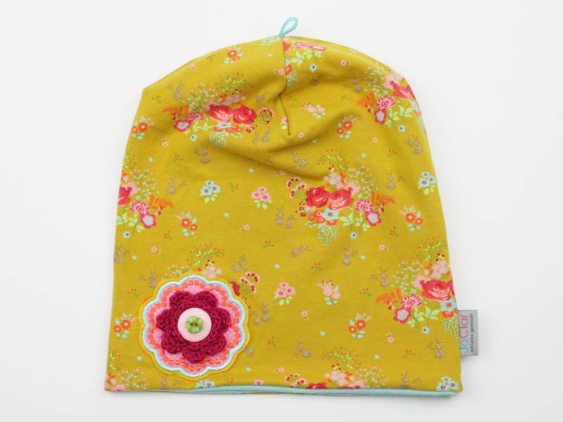 Set Beanie + Halssocke Gr. 39 Bis 54 cm Ku Blümchen/Blume Senfgelb/Mint Gefüttert von JaClarDesign