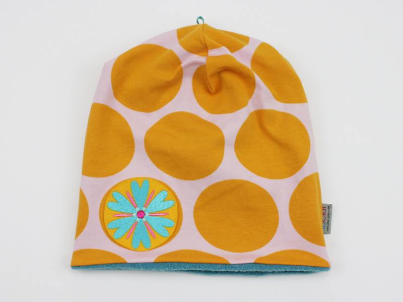 Set Beanie + Halssocke Gr. 50-54 cm Ku Punkte Senfgelb/Türkis Gefüttert von JaClarDesign