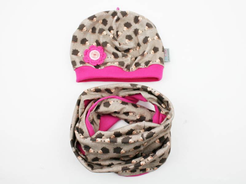 Set Mütze + Loop Gr. 39 Bis 54 cm Ku Igelchen Braun/Pink von JaClarDesign