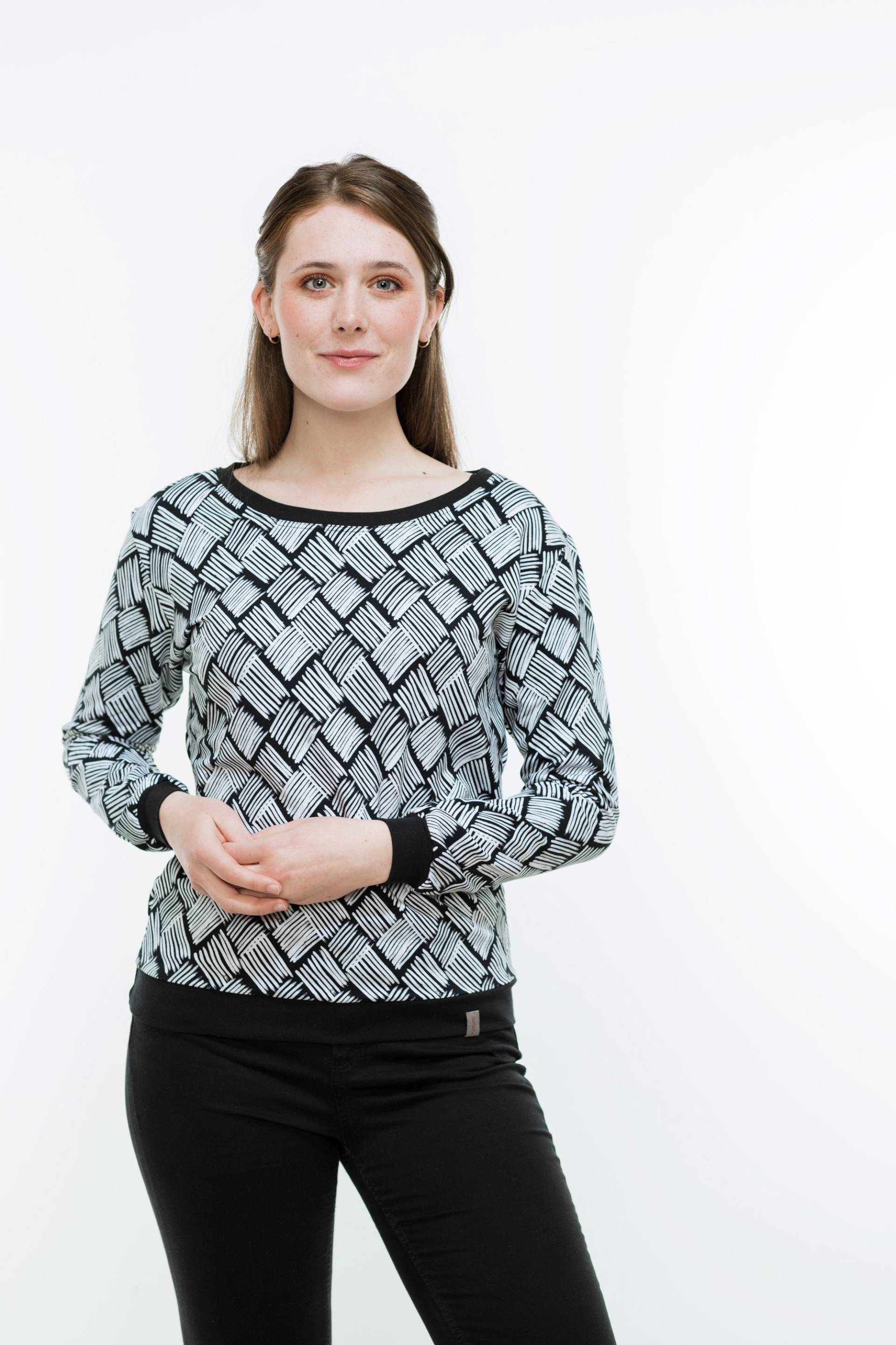 Sweatshirt/ Pulli "Striche", Weiße, Zu Quadraten Angeordnete Striche Auf Schwarzem Grund, Schwarze Bündchen, Großer Runder Halsausschnitt Sweatshirt/ Pulli "Striche", Weiße, Zu Quadraten Angeordnete Striche Auf Schwarzem Grund, Schwarze Bündchen, Großer Runder Halsausschnitt von JaMaTaShop