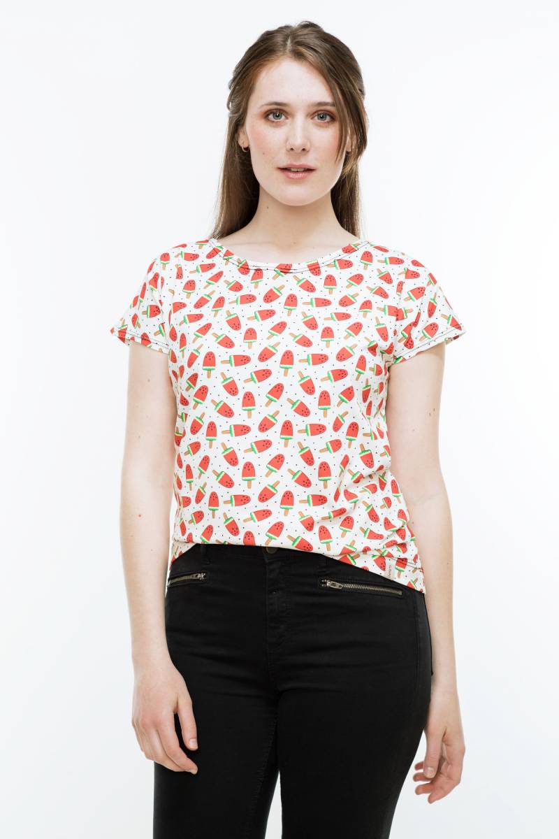 T-Shirt Meloneneis, Weißes Shirt Mit Wassermeloneneis Am Stiel Und Kleinen Schwarzen Pünktchen, Angeschnittene Ärmel T-Shirt Meloneneis, Weißes Shirt Mit Wassermeloneneis Am Stiel Und Kleinen Schwarzen Pünktchen, Angeschnittene Ärmel von JaMaTaShop
