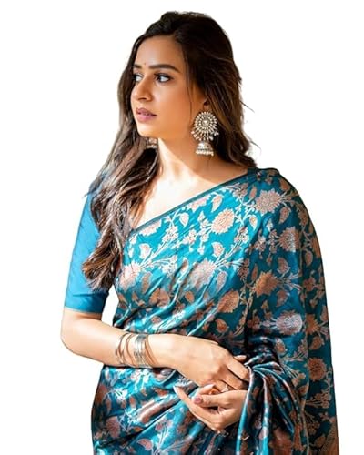 Jaanvi fashion Damen Kerala Banarasi Seide mit Zari Jacquard Arbeit Saree mit ungesäumtem Blusenteil, blaugrün, One size von Jaanvi fashion
