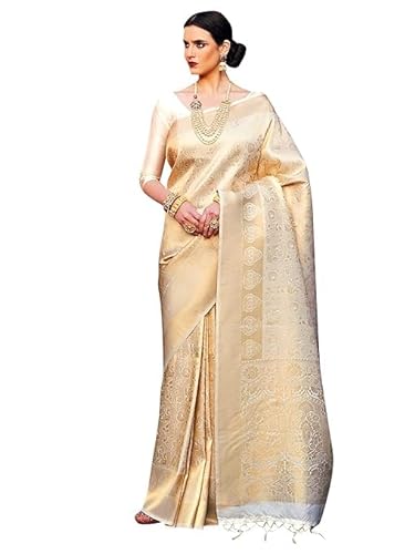 Jaanvi fashion Damen Banarasi Seide mit goldfarbenem Zari-Jacquard-Arbeitssari mit ungenähtem Blusenteil, Pure Gold, Einheitsgröße von Jaanvi fashion