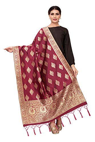 Jaanvi Fashion Indischer Banarasi gewebter Seide-Dupatta-Halstuch, lange Stola, Chunni-Quaste, Überwurf mit Zari, kastanienbraun, One size von Jaanvi fashion