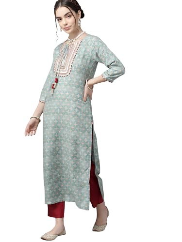 Jaanvi fashion Blaue bedruckte Seide Dreiviertelärmel Kurta - normale Passform, knielang, ethnische Kleidung, lässiges und festliches Oberteil für Damen, blau, XXL von Jaanvi fashion