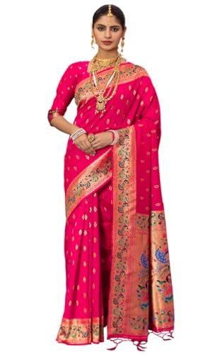 Jaanvi fashion Damen Banarasi Paithani Seide mit Zari Jacquard Arbeit Saree mit Blusenteil, Queen Pink, Einheitsgröße von Jaanvi fashion