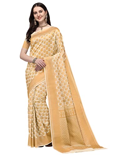Jaanvi fashion Damen Banarasi Seide mit Zari Jacquard Arbeit Saree mit ungenähter Bluse, weißgold, One size von Jaanvi fashion