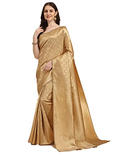 Jaanvi fashion Damen Kerala Banarasi Seide mit Zari Jacquard Arbeit Saree mit ungesäumtem Blusenteil (Diwali Special), gold, One size von Jaanvi fashion