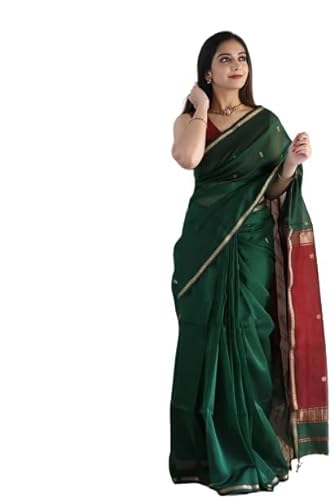 Jaanvi fashion Damen Baumwoll-Seide Saree mit Zari-Arbeit und ungesäumtem Blusenteil (Diwali Special), dunkelgrün, One size von Jaanvi fashion