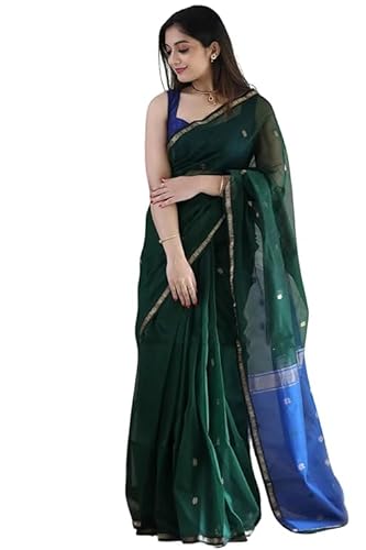 Jaanvi fashion Damen Baumwoll-Seide Saree mit Zari-Arbeit und ungesäumtem Blusenteil (Diwali Special), Dunkelgrün, Blau, One size von Jaanvi fashion