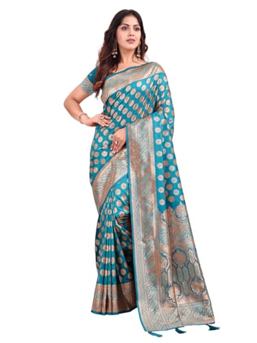 Jaanvi fashion Damen Kerala Banarasi Seide mit Zari Jacquard Arbeit Saree mit ungesäumtem Blusenteil, Pacific Blue, One size von Jaanvi fashion