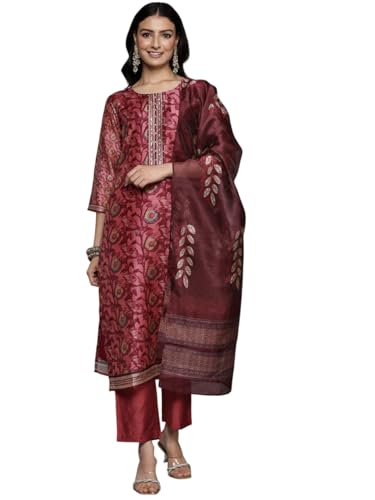 Jaanvi fashion Damen Kurta mit Blumendruck, Rundhalsausschnitt, gerader Kurta, gepaart mit tonalem Boden und bedrucktem Dupatta, rot, M von Jaanvi fashion