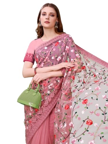 Jaanvi fashion Damen Netzsari mit Blumenstickerei und nicht genähtem Blusenteil (Diwali Special), Zwiebelrosa, One size von Jaanvi fashion