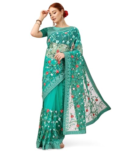 Jaanvi fashion Damen Netzsari mit Blumenstickerei und ungenähtem Blusenteil, dunkelgrün, One size von Jaanvi fashion