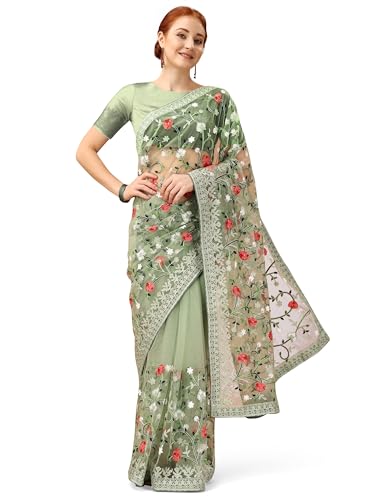 Jaanvi fashion Damen Netzsari mit Blumenstickerei und ungenähtem Blusenteil, lichtgrün, One size von Jaanvi fashion