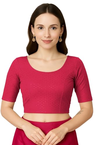 Jaanvi fashion Damen Rundhals Baumwolle Dobby Lycra Ellenbogenärmel Fertig Konfektionierte Saribluse, Kardinalrosa, XXL von Jaanvi fashion