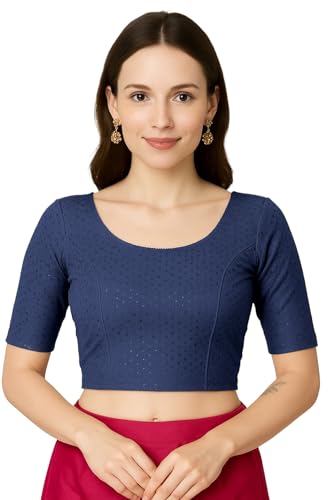 Jaanvi fashion Damen Rundhals Baumwolle Dobby Lycra Ellenbogenärmel Fertig Konfektionierte Saribluse, Saphirblau, XL von Jaanvi fashion